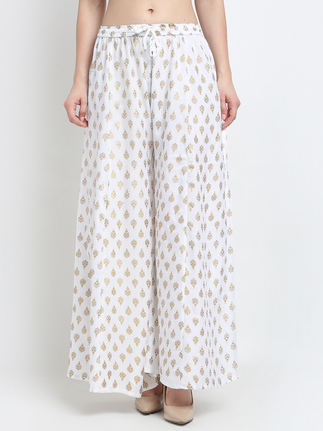 

Jinfo Women White & Gold-Toned Printed Flared Knitted Ethnic Palazzos