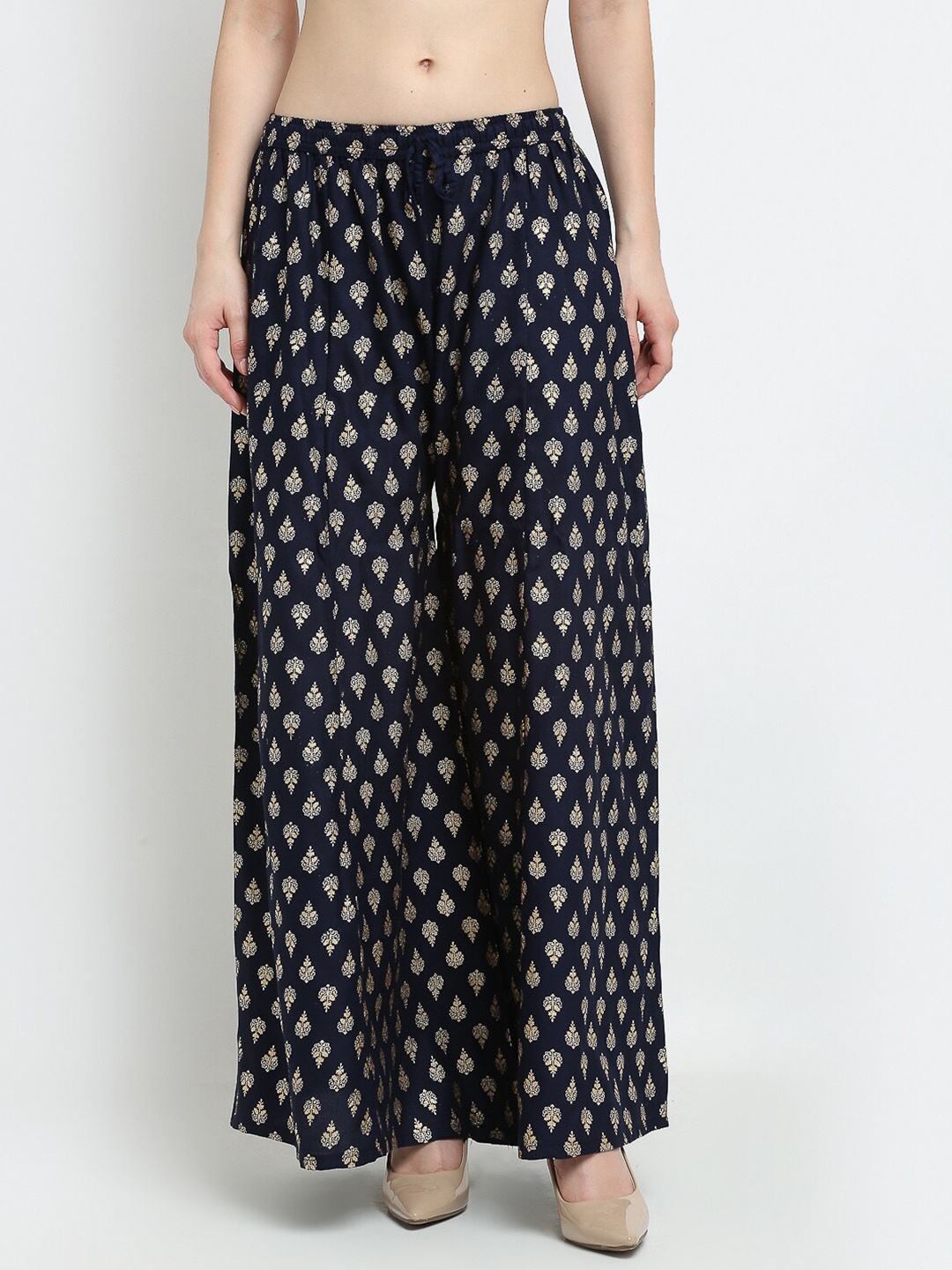 

Jinfo Women Navy Blue & Gold-Toned Ethnic Motifs Printed Flared Knitted Ethnic Palazzos