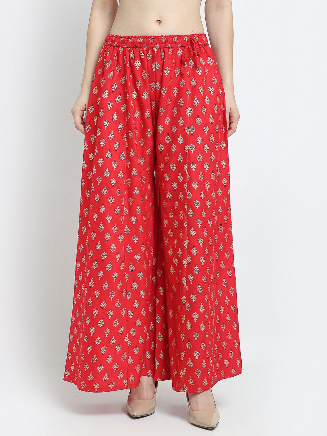 

Jinfo Women Red & Gold-Toned Printed Flared Knitted Ethnic Palazzos