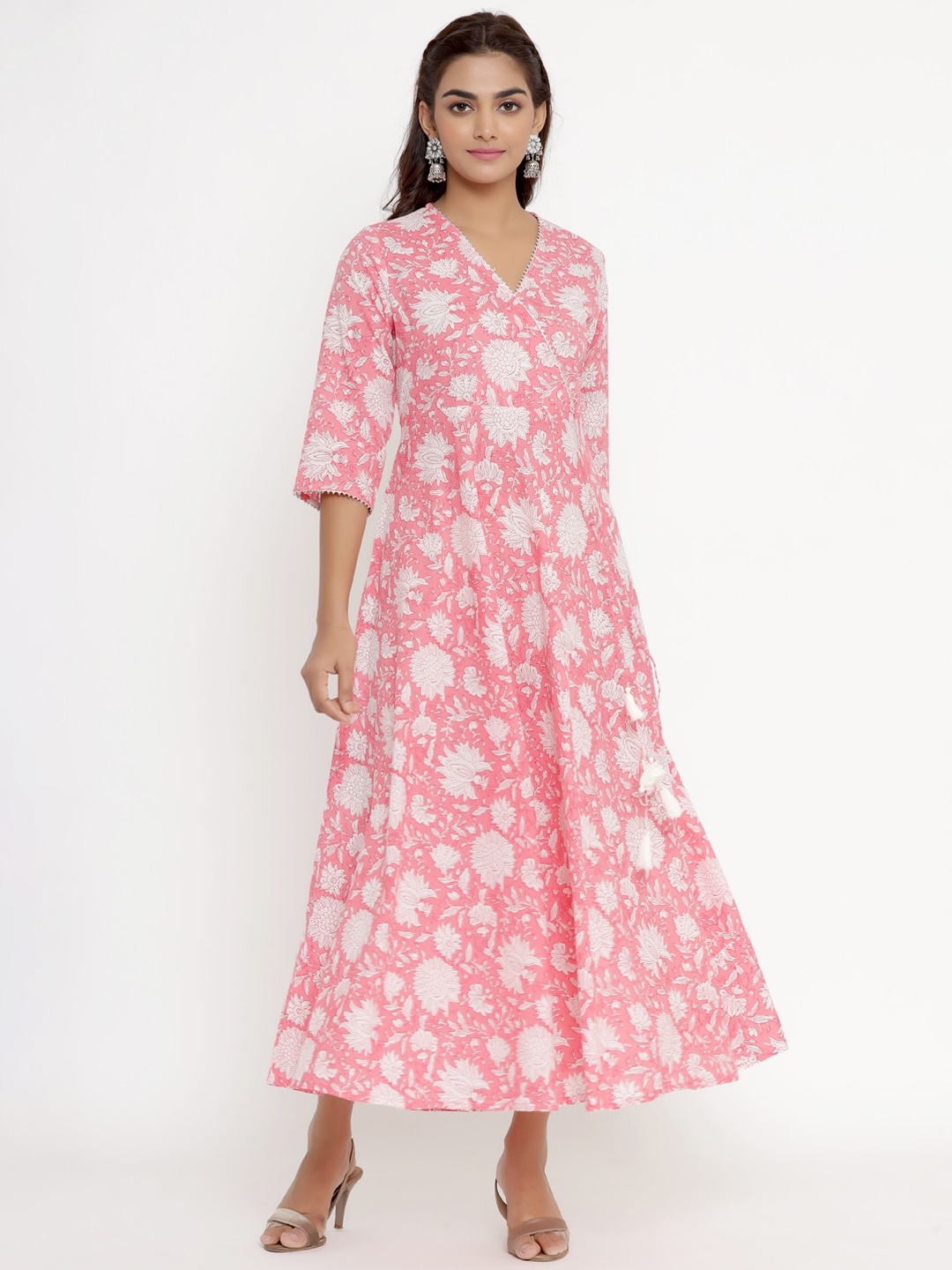 

MIRAVAN Pink Floral Printed Cotton Anarkali Kurta