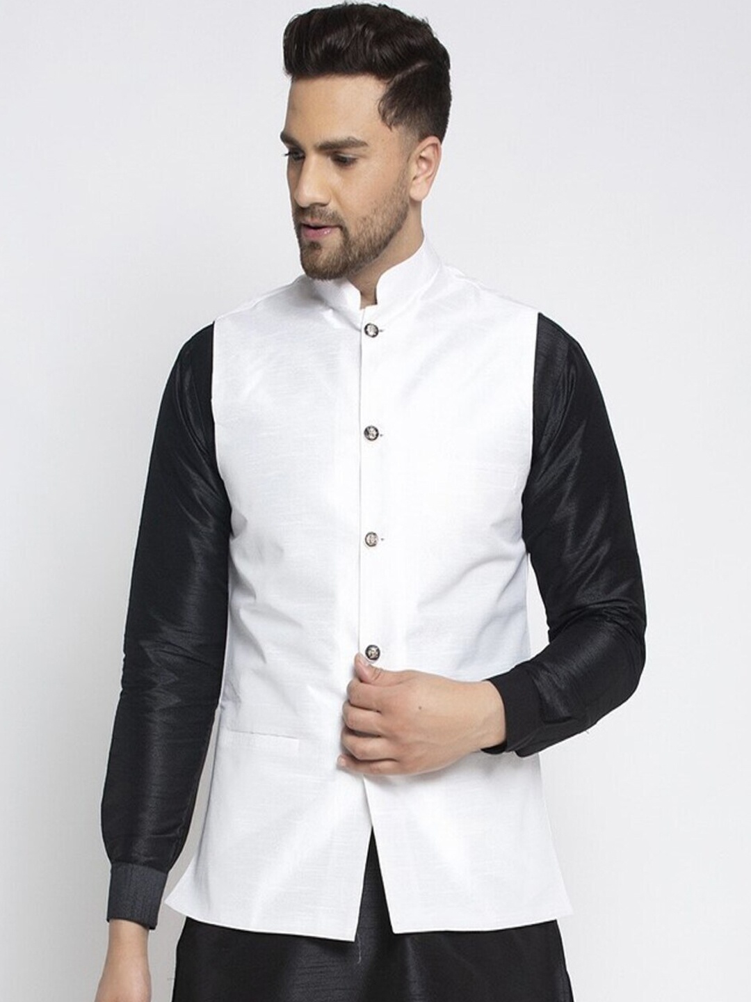 

Kaifoo Men White Solid Silk Nehru Jacket