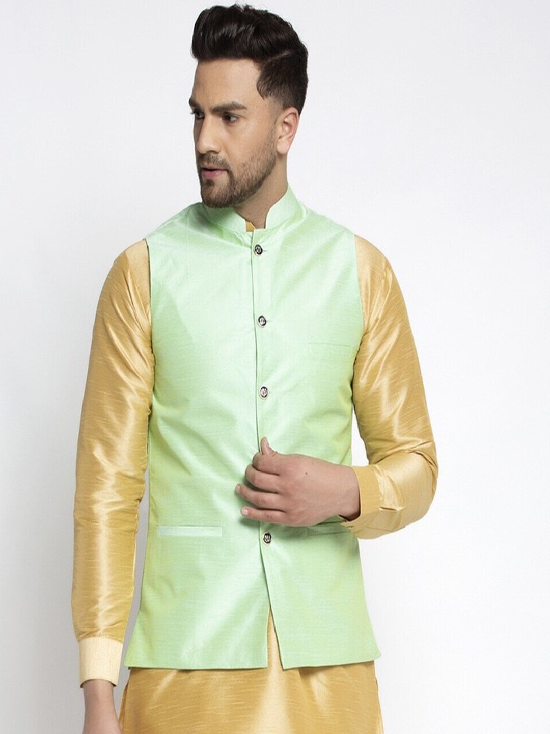 

Kaifoo Men Green Solid Silk Nehru Jackets