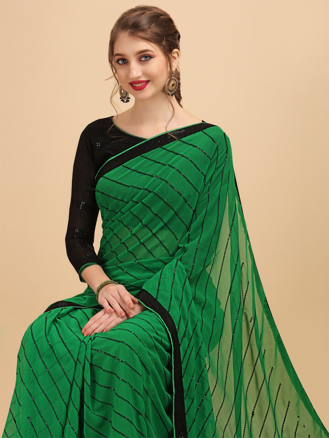 

Sangria Olive Green & Black Striped Sequinned Pure Georgette Saree