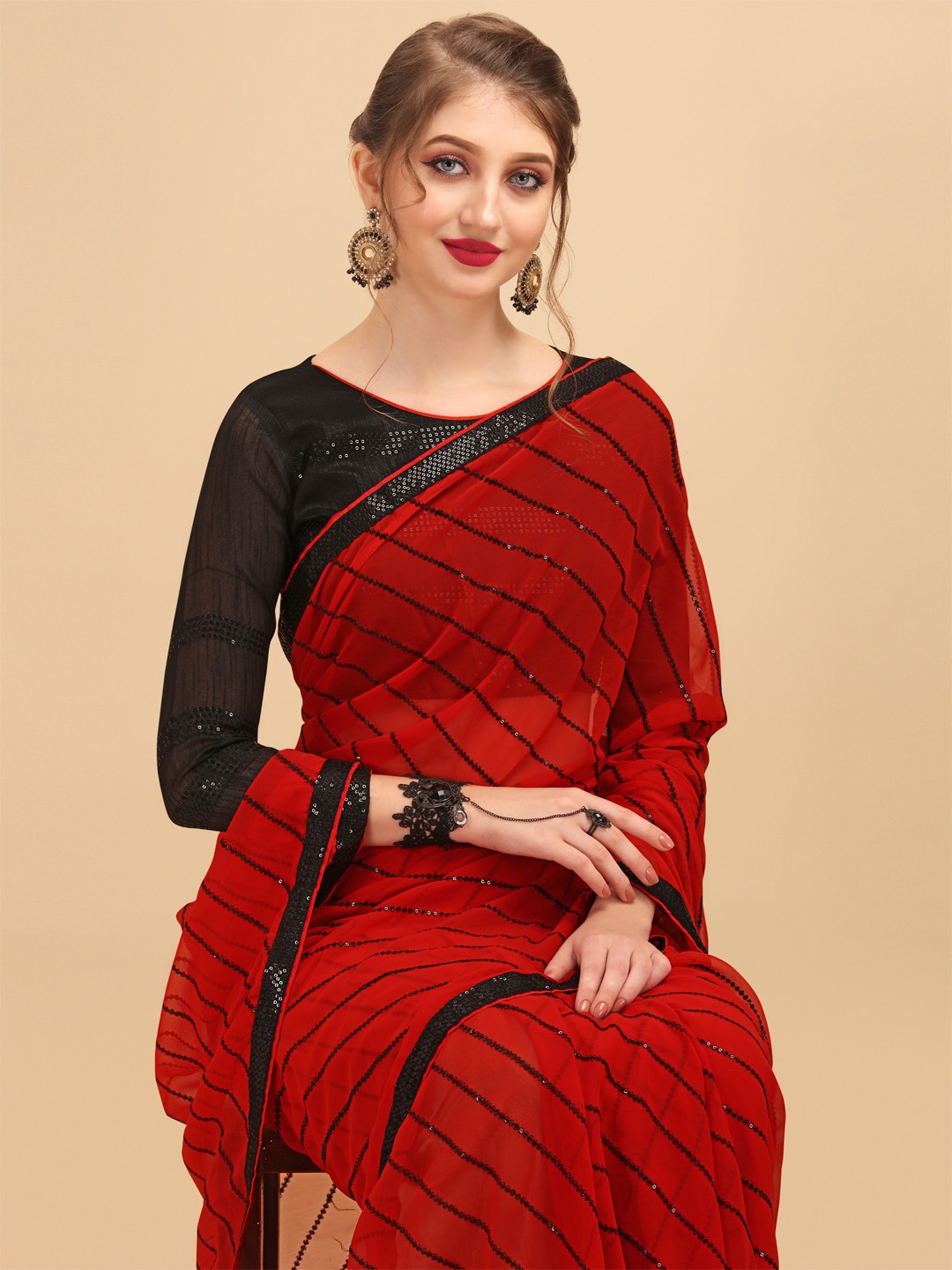

Sangria Red & Black Striped Sequinned Pure Georgette Saree