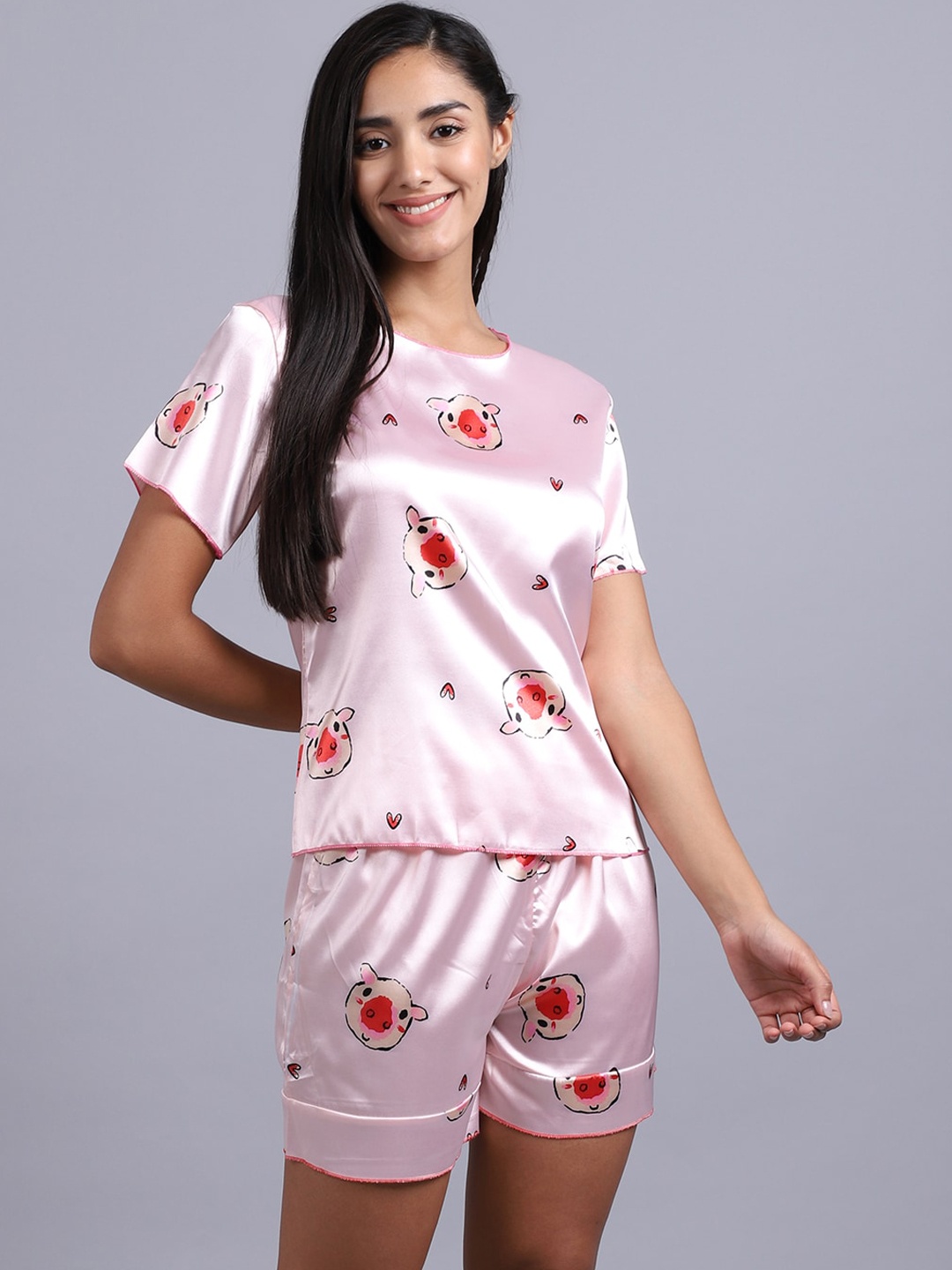 

GRACIT Women Pink & Red Printed Satin Night Suit