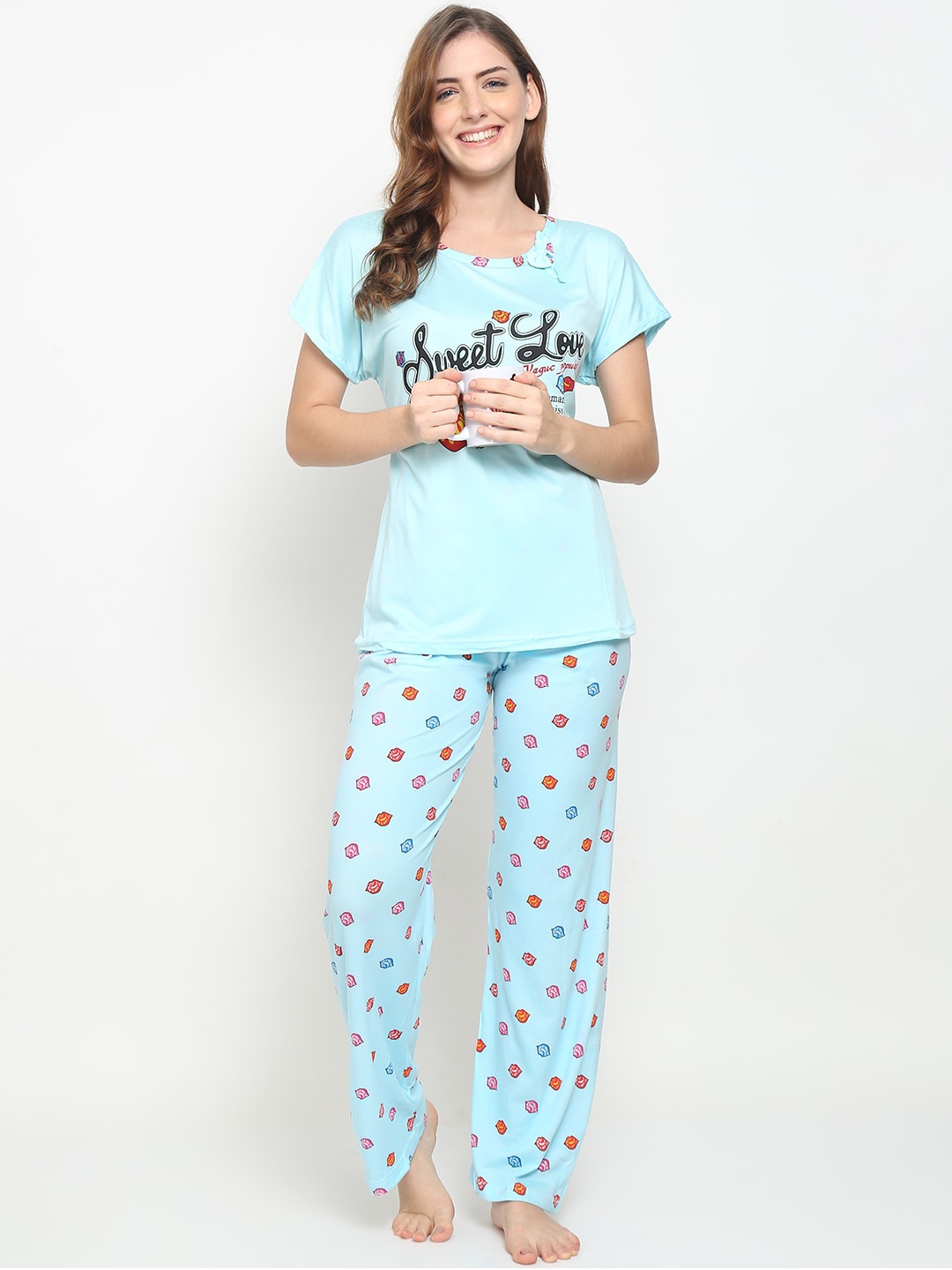 

GRACIT Women Turquoise Blue Printed Night Suit