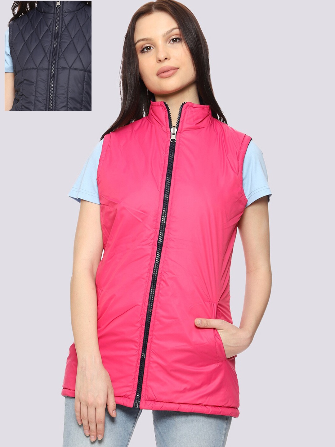

CL SPORT Women Blue Striped Reversible Longline Puffer Jacket
