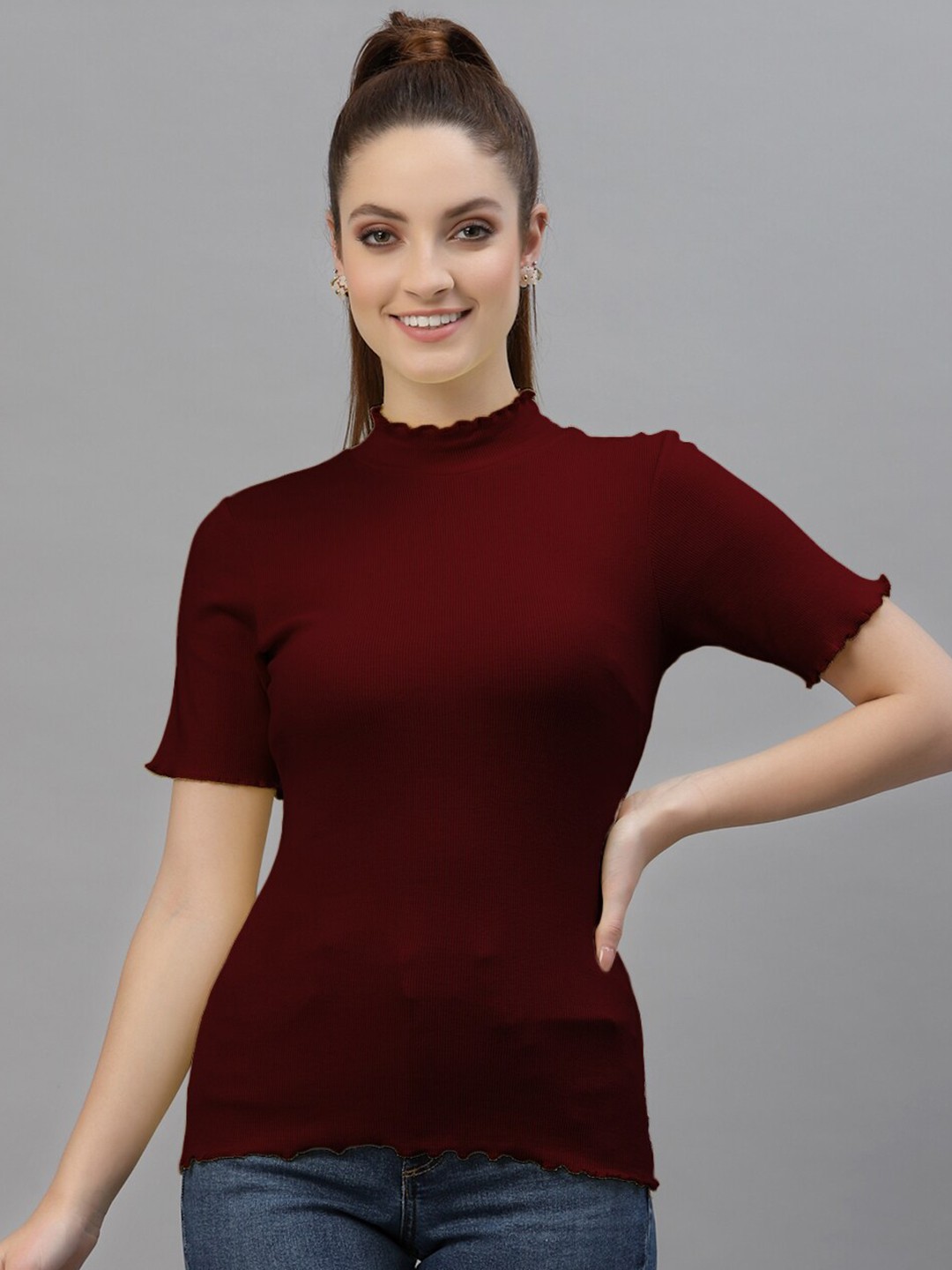 

Friskers Maroon Solid High Neck Top