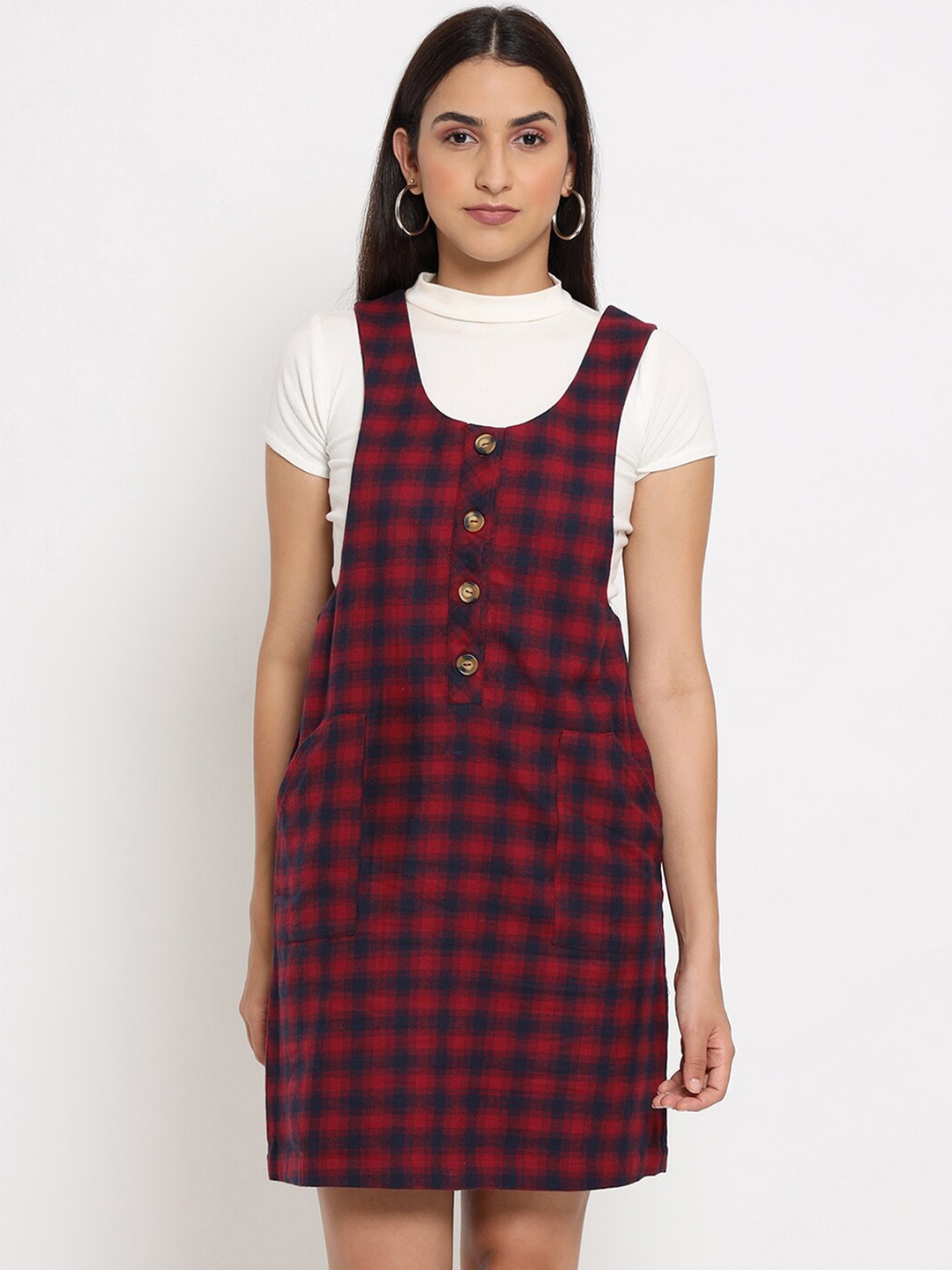 

MARC LOUIS Red & Navy Blue Checked Pinafore Dress