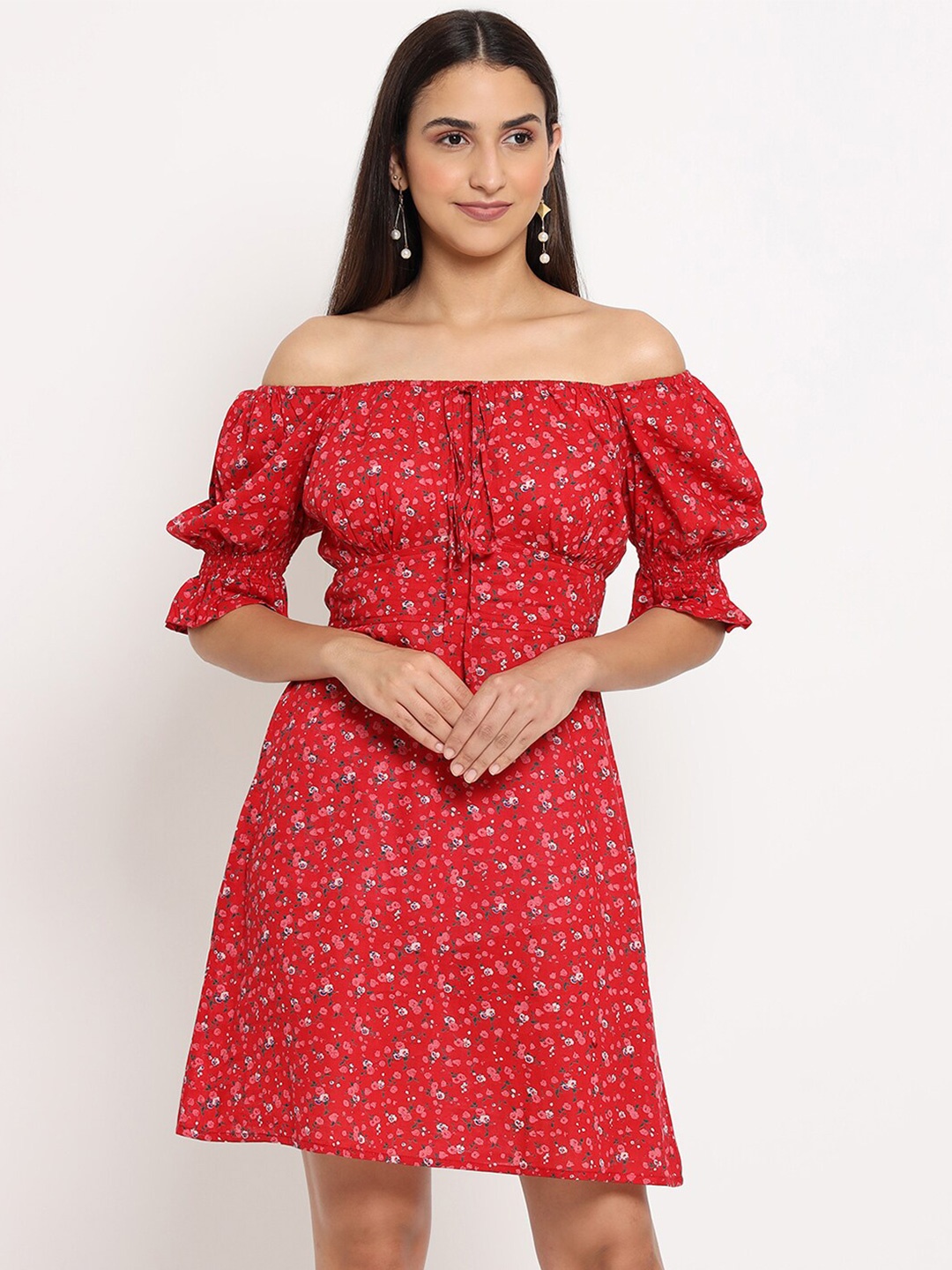 

MARC LOUIS Red Floral Printed Off-Shoulder Dress