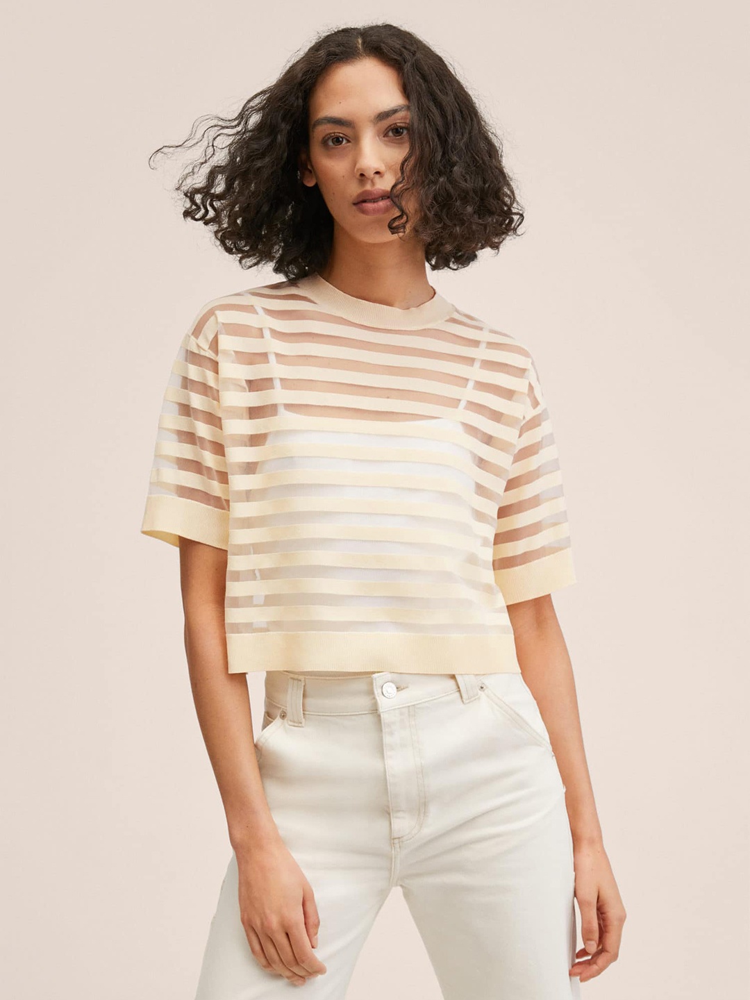 

MANGO Cream-Coloured Self-Striped Semi-Sheer Top