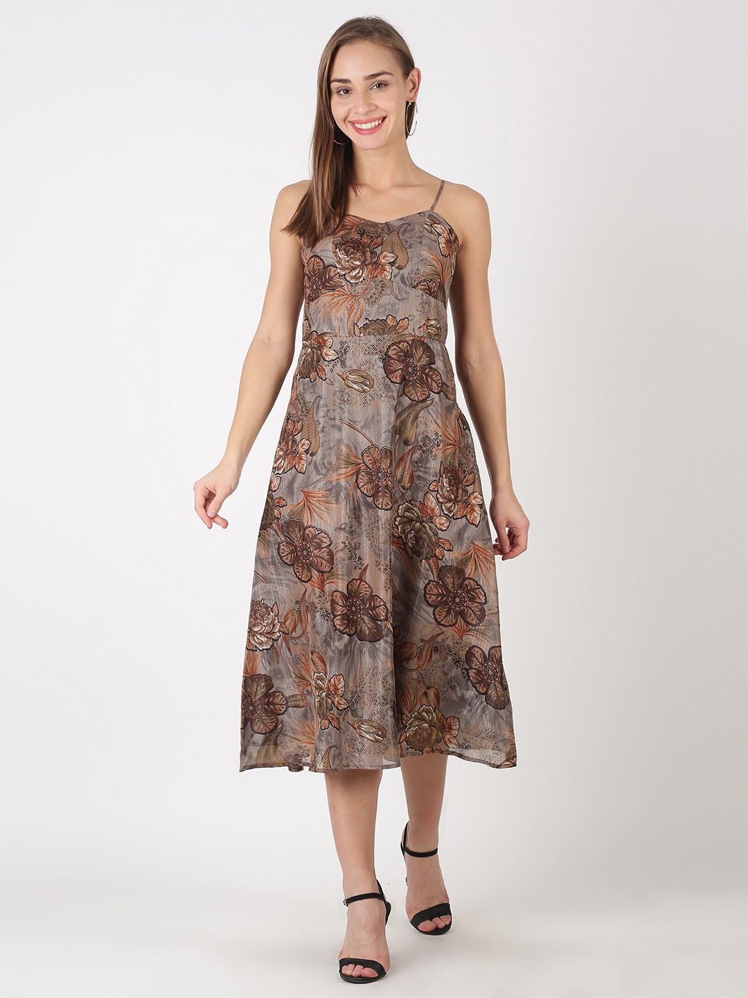 

kriatma Grey Floral Georgette Midi Dress