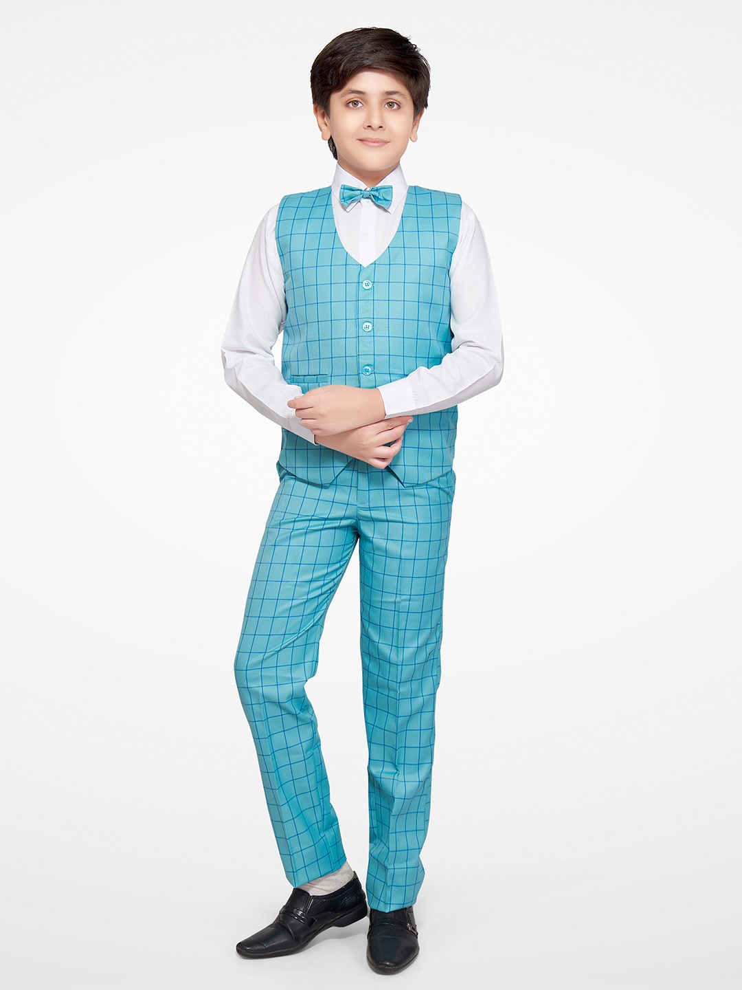 

Jeetethnics Boys Turquoise Blue & White Checked Shirt with Trousers & Waistcoat