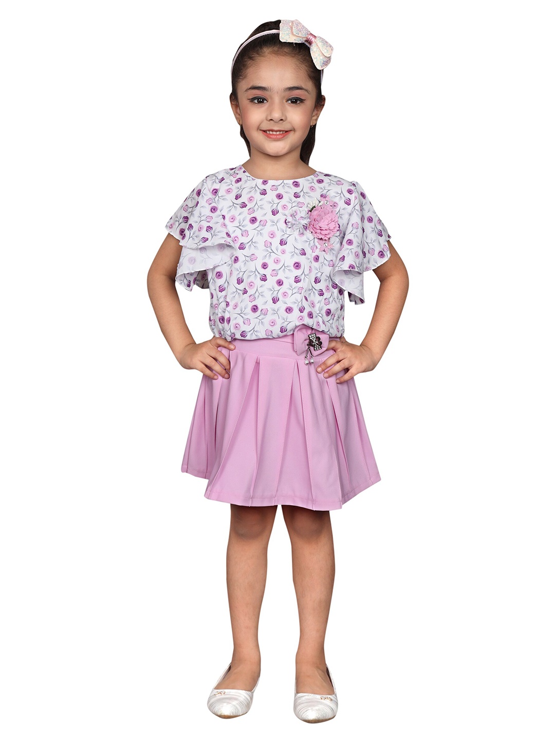 

SKY HEIGHTS Girls Purple & White Printed Top with Skirt