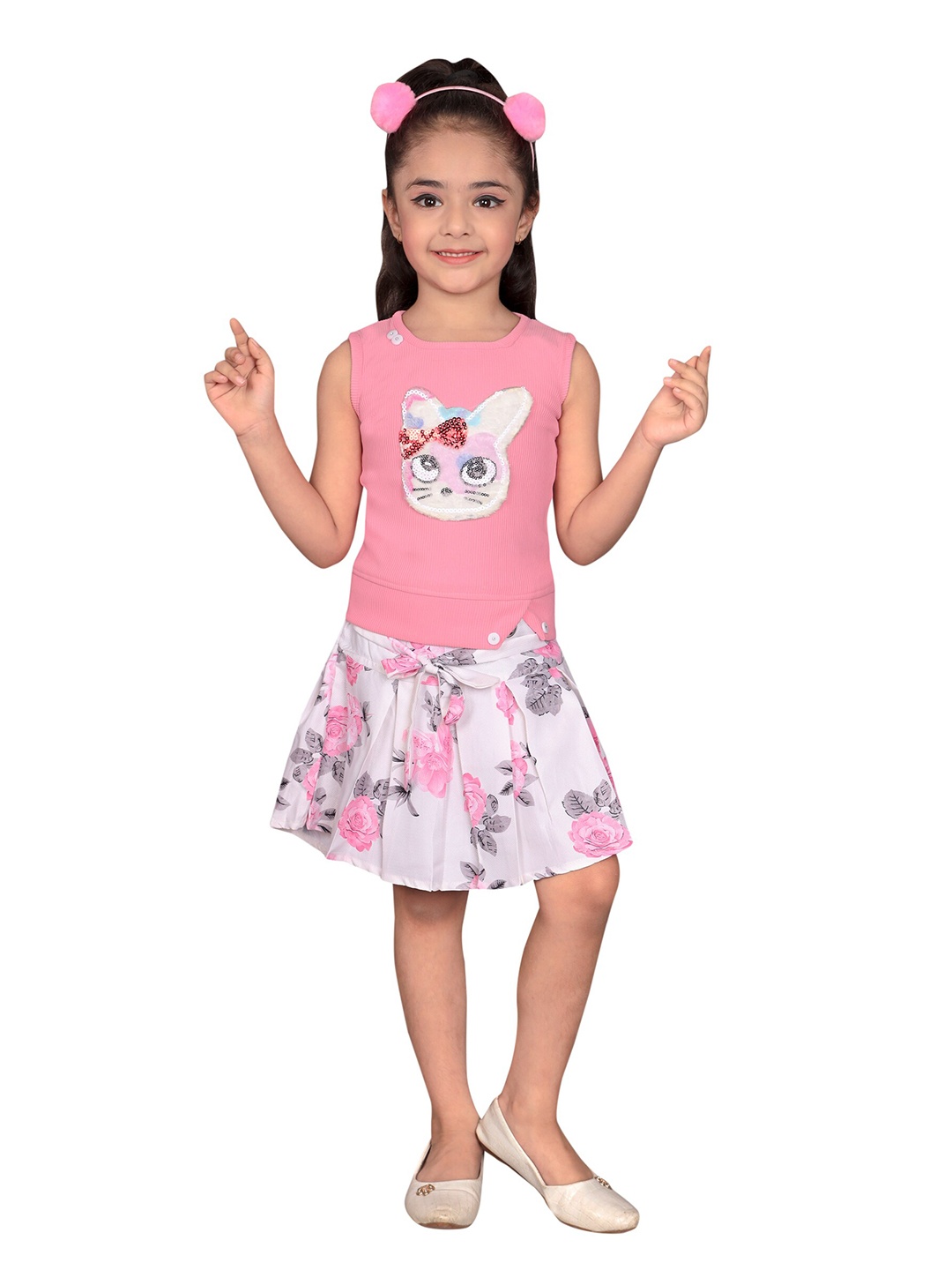 

SKY HEIGHTS Girls Pink & Grey Embellished Top with Skirt
