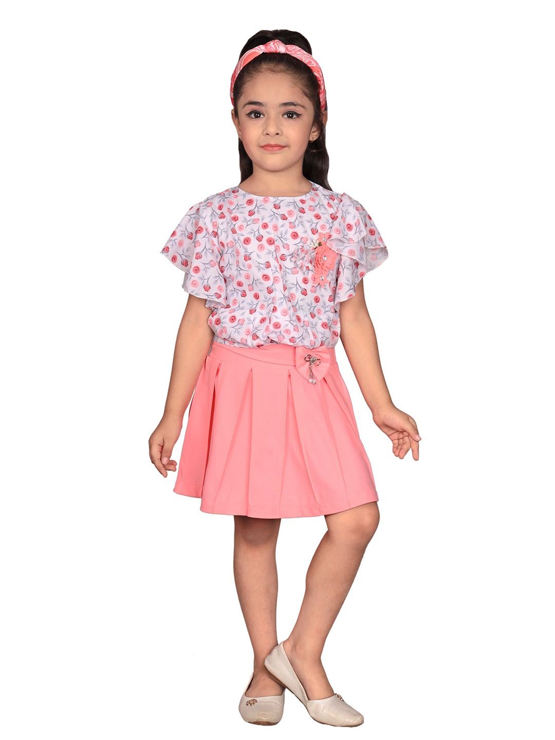 

SKY HEIGHTS Girls Pink & White Printed Top with Skirt