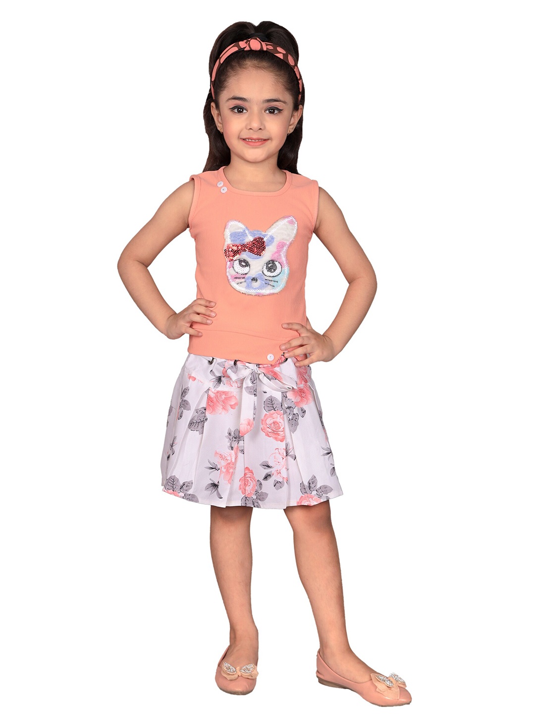 

SKY HEIGHTS Girls Peach-Coloured & Blue T-shirt with Skirt