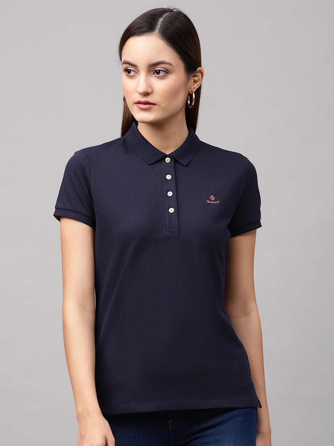 

GANT Women Navy Blue Mandarin Collar T-shirt