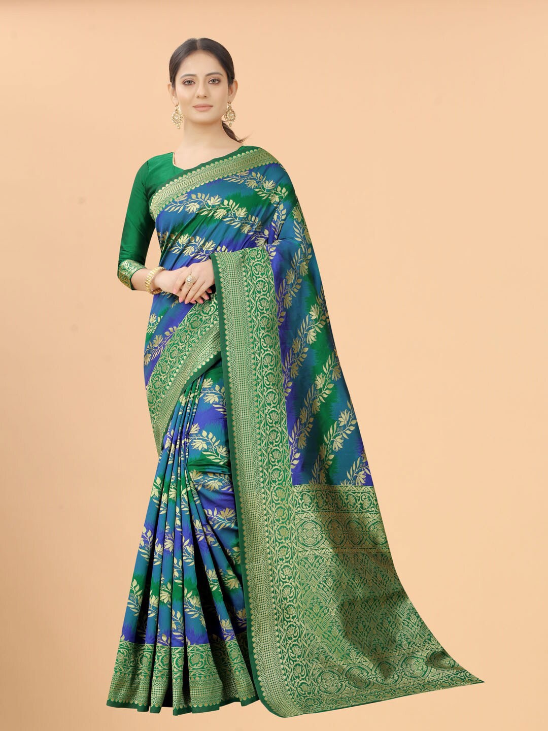 

SATYAM WEAVES Blue & Golden Woven Design Zari Silk Cotton Banarasi Saree