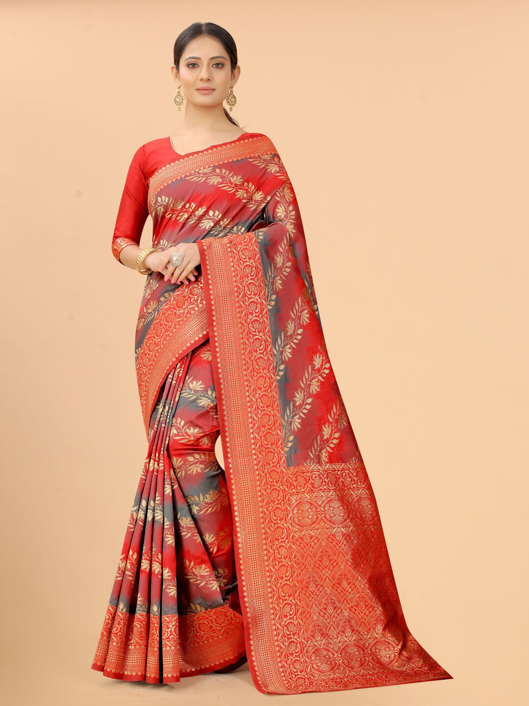 

SATYAM WEAVES Red & Golden Woven Design Zari Silk Cotton Banarasi Saree