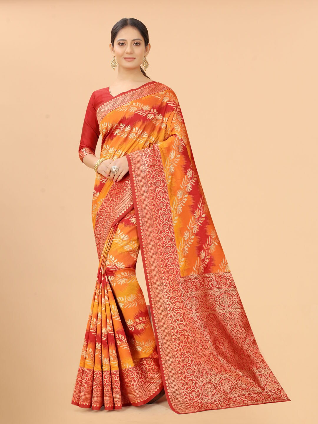 

SATYAM WEAVES Orange & Red Woven Design Zari Silk Cotton Banarasi Saree