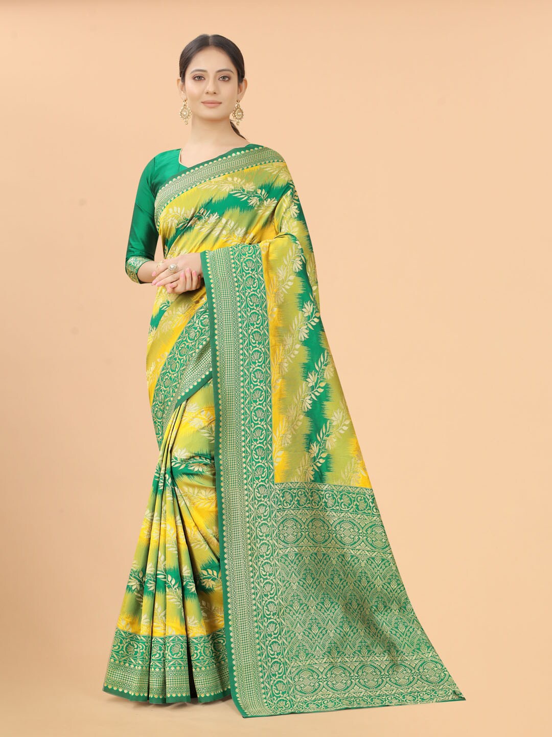 

SATYAM WEAVES Green & Yellow Woven Design Zari Silk Cotton Banarasi Saree