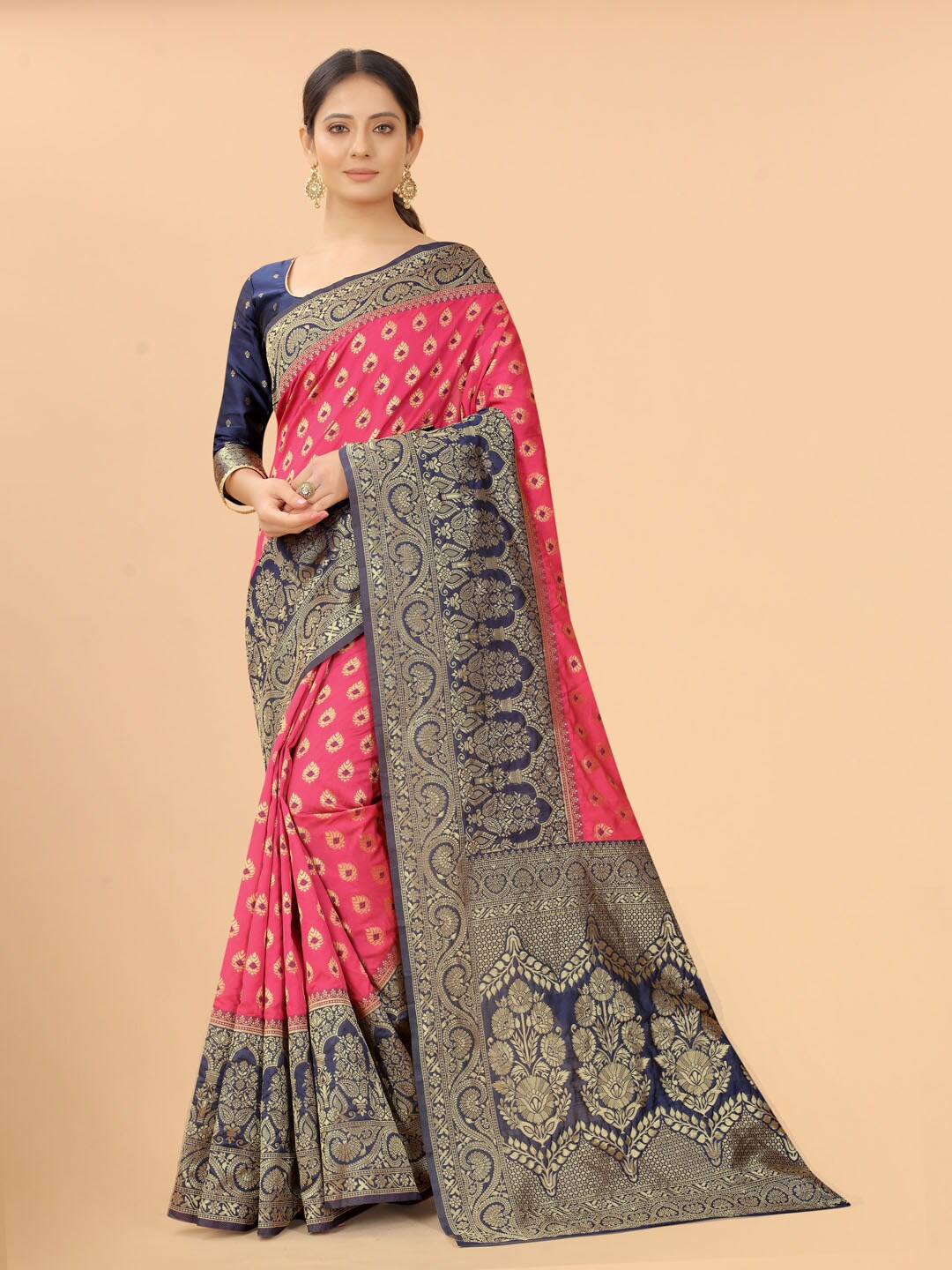 

SATYAM WEAVES Pink & Blue Woven Design Zari Silk Cotton Banarasi Saree