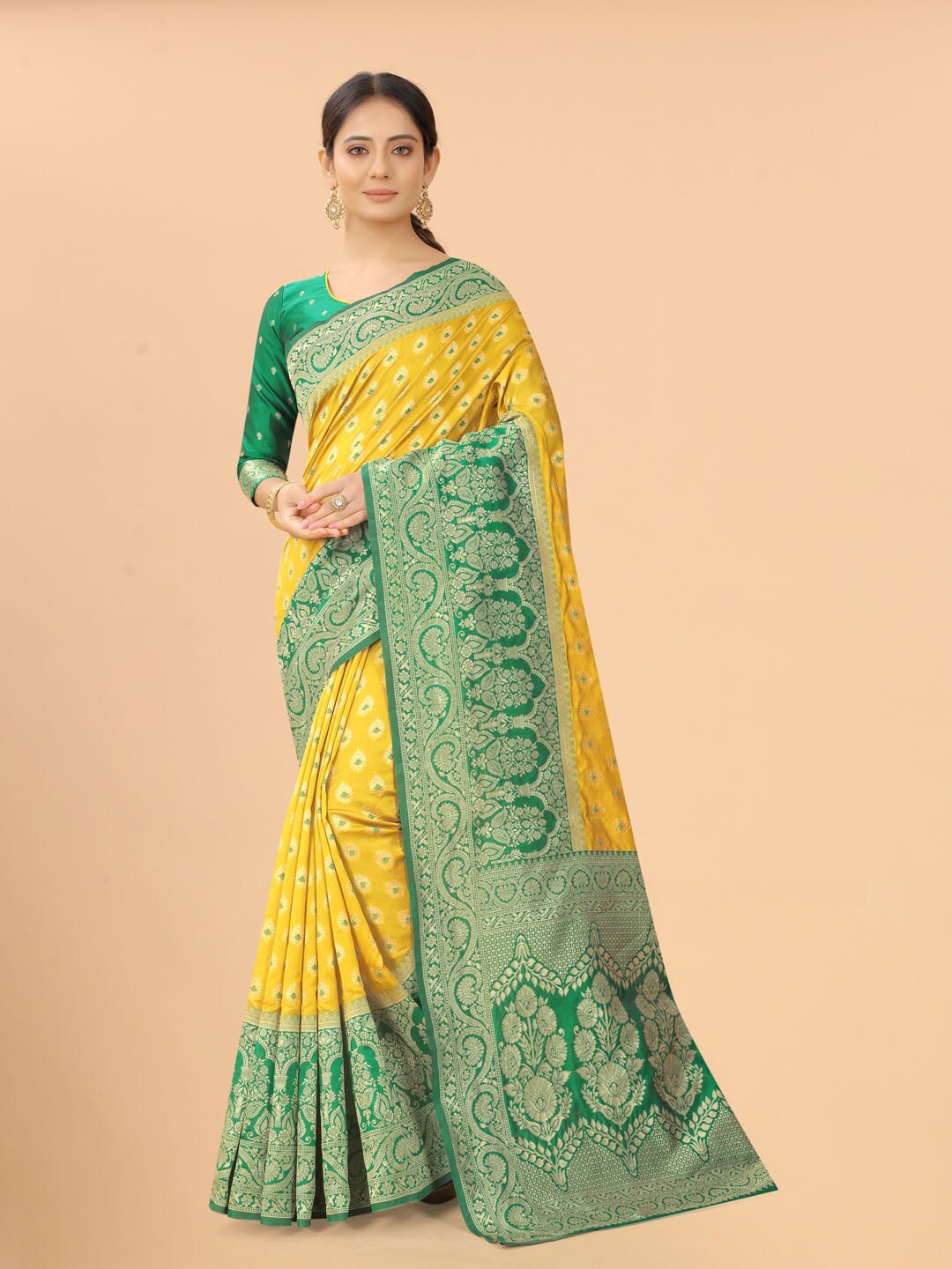 

SATYAM WEAVES Green & Yellow Woven Design Zari Silk Cotton Banarasi Saree