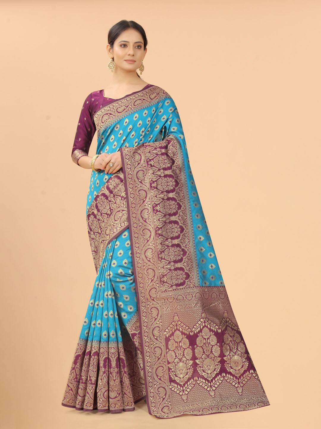 

SATYAM WEAVES Blue & Maroon Woven Design Zari Silk Cotton Banarasi Saree