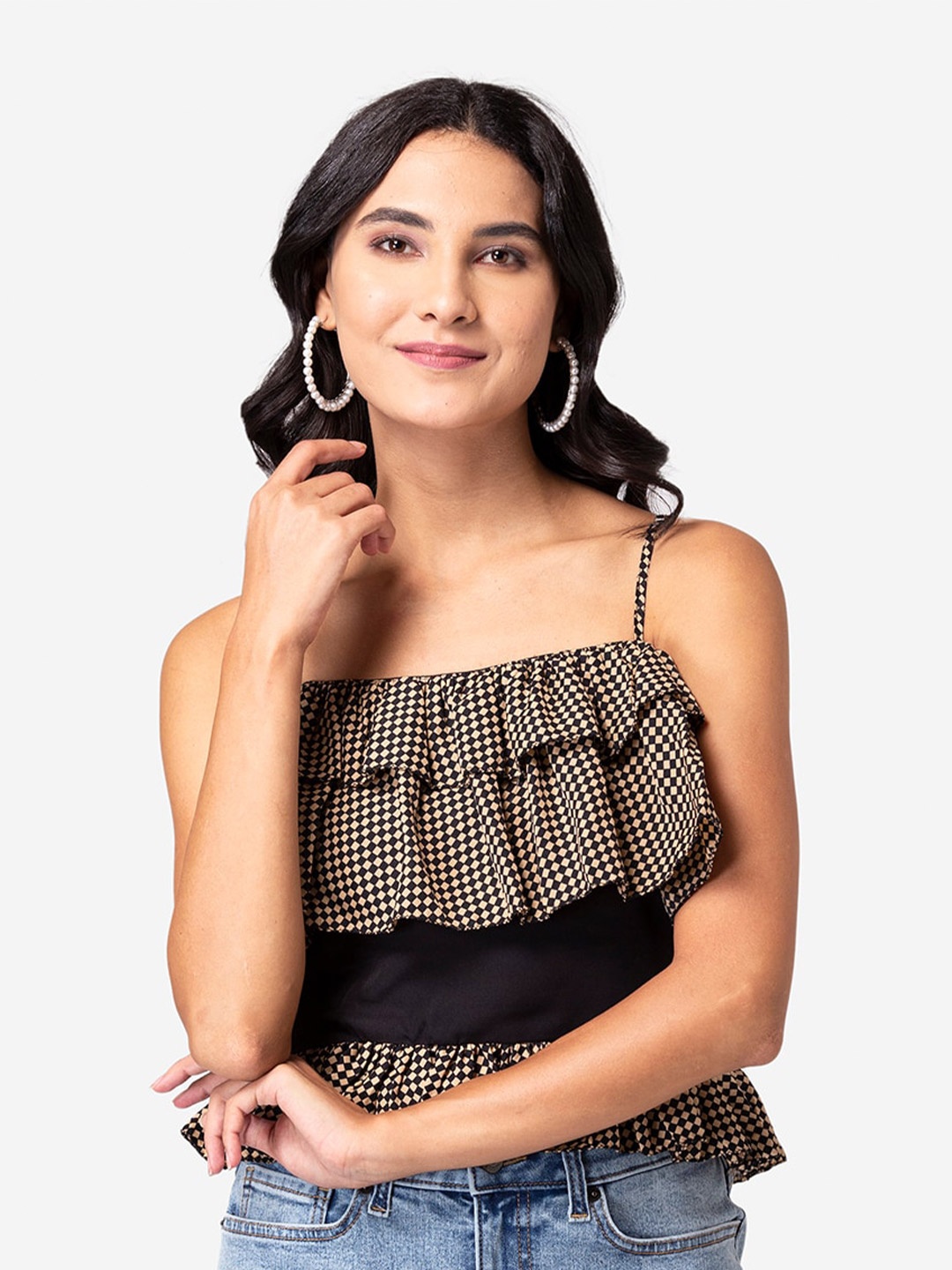 

YEROS Black Checked Crepe Top
