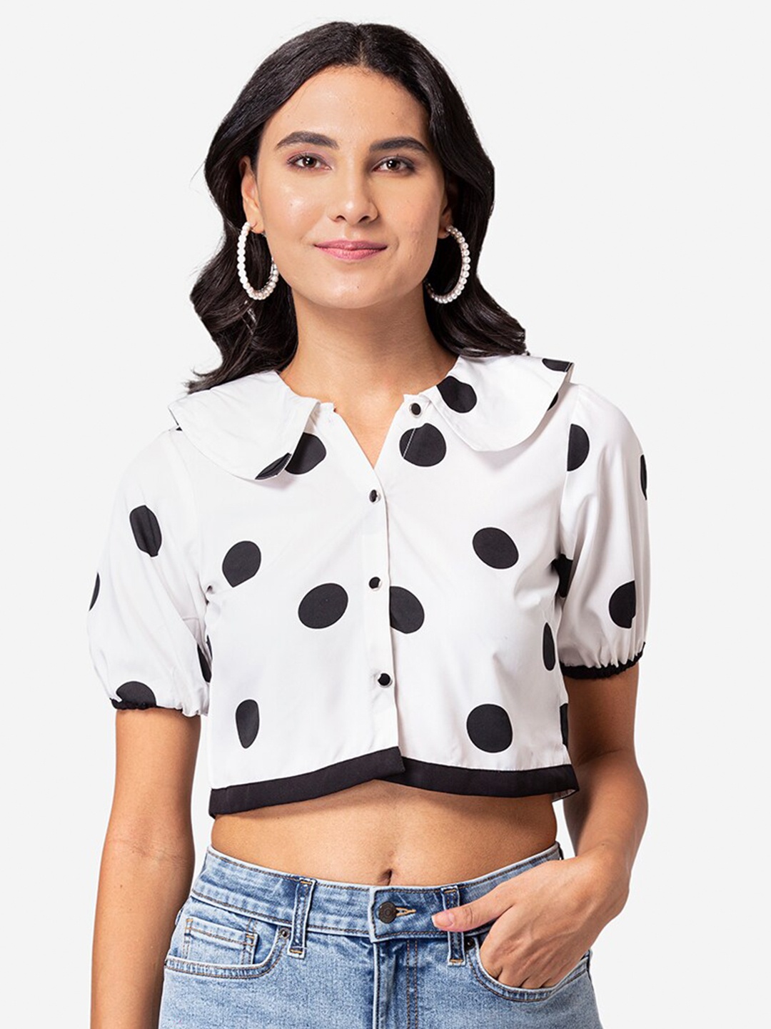 

YEROS White Print Crepe Shirt Style Crop Top
