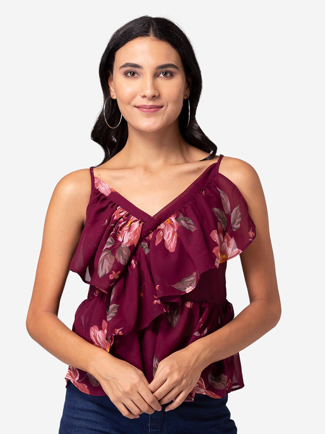 

YEROS Maroon Floral Print Georgette Top