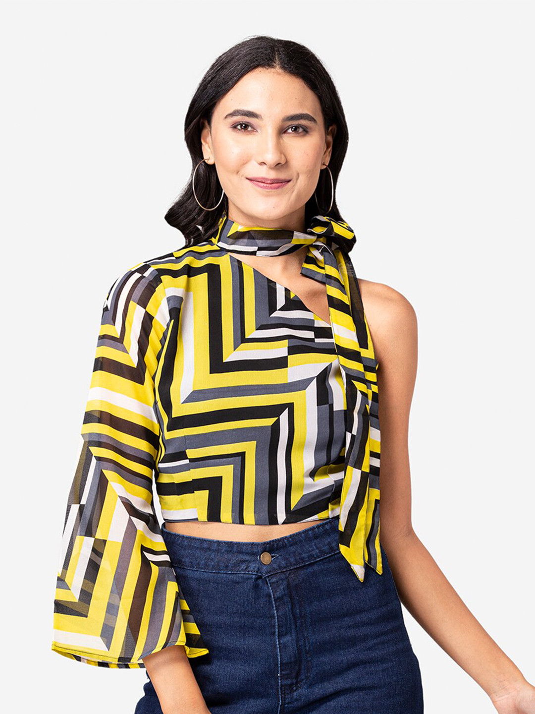

YEROS Black Print Georgette Crop Top