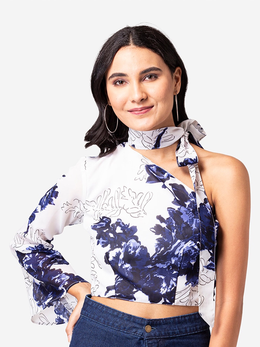 

YEROS White Floral Print One Shoulder Georgette Blouson Crop Top