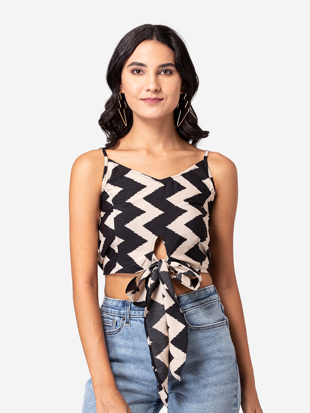 

YEROS Black Geometric Print Crepe Crop Top