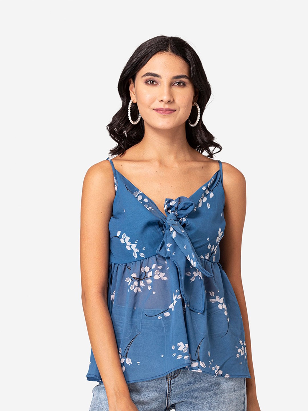 

YEROS Blue Floral Print Georgette Top