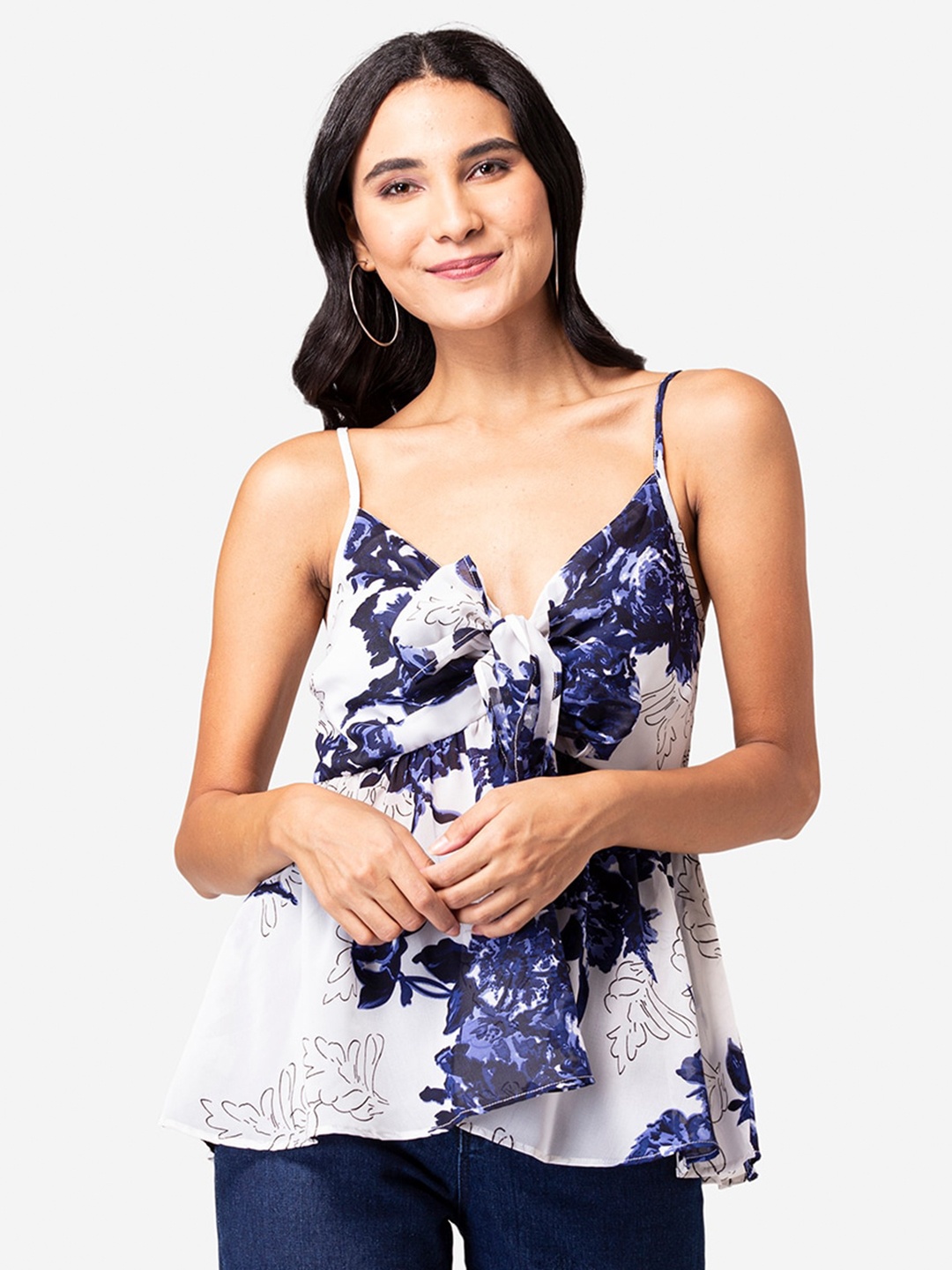 

YEROS White Floral Print Georgette Top