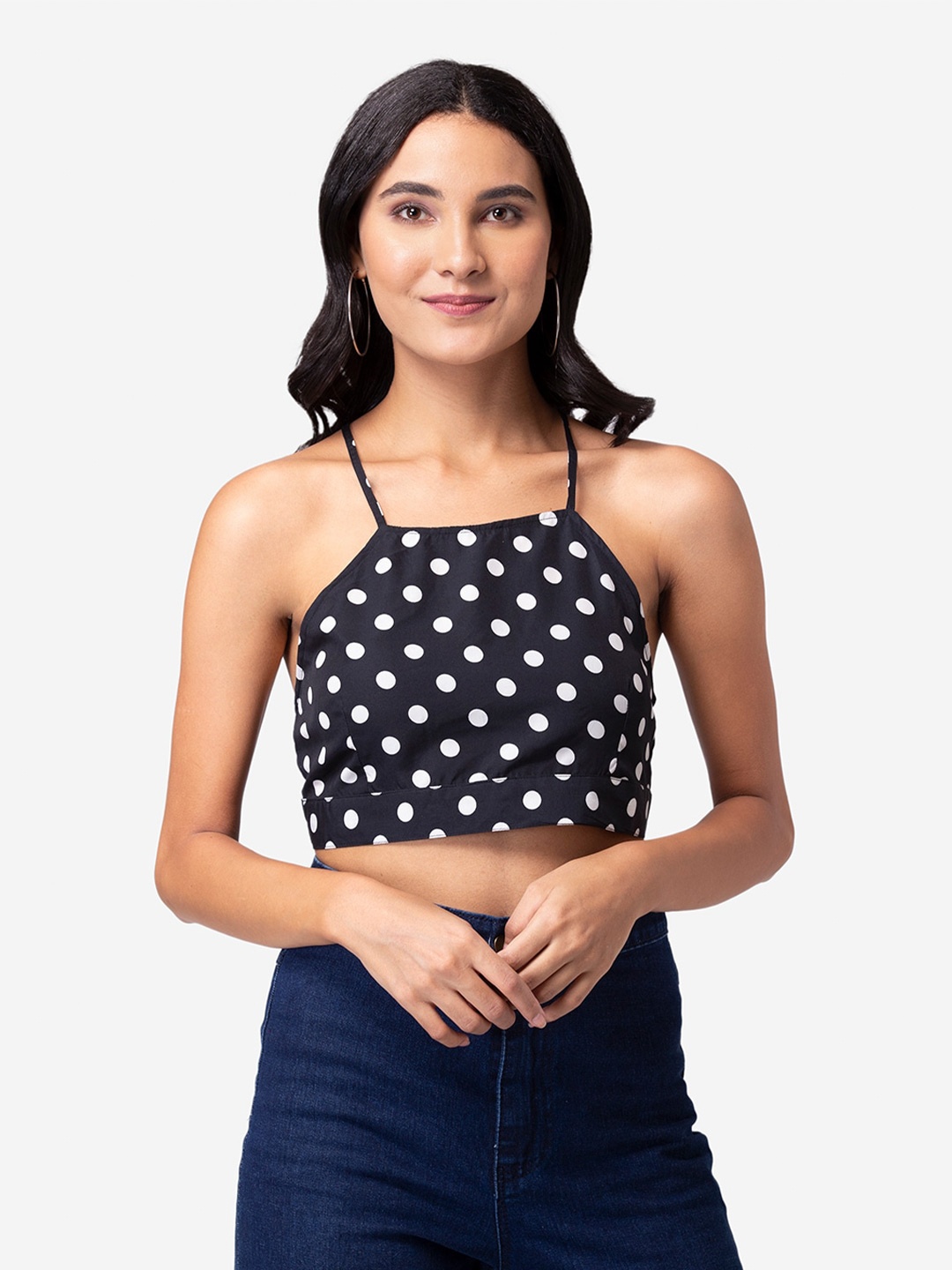 

YEROS Black Print Crepe Bralette Crop Top