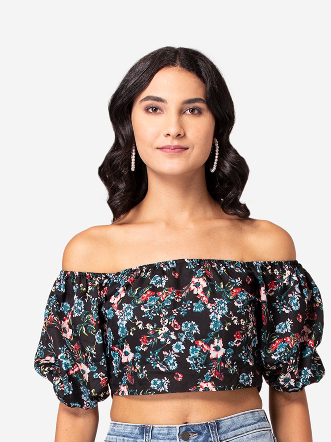 

YEROS Black Floral Print Off-Shoulder Crepe Bardot Crop Top