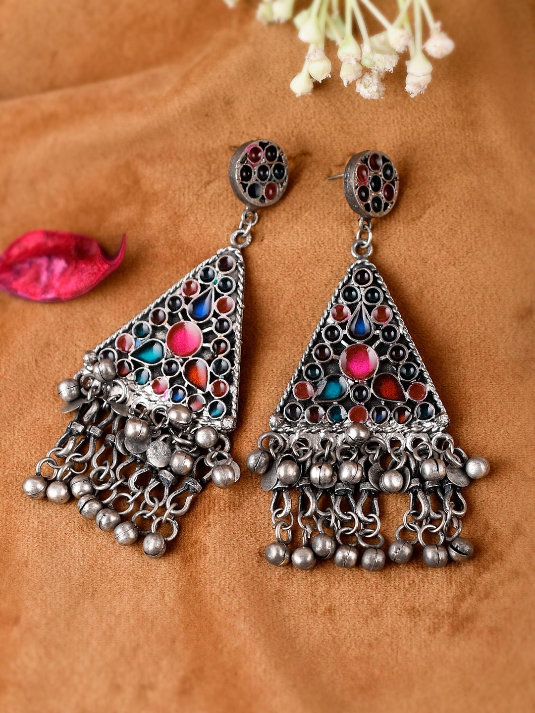 

Shoshaa Silver-Plated Oxidised Multi stones Drop Earrings