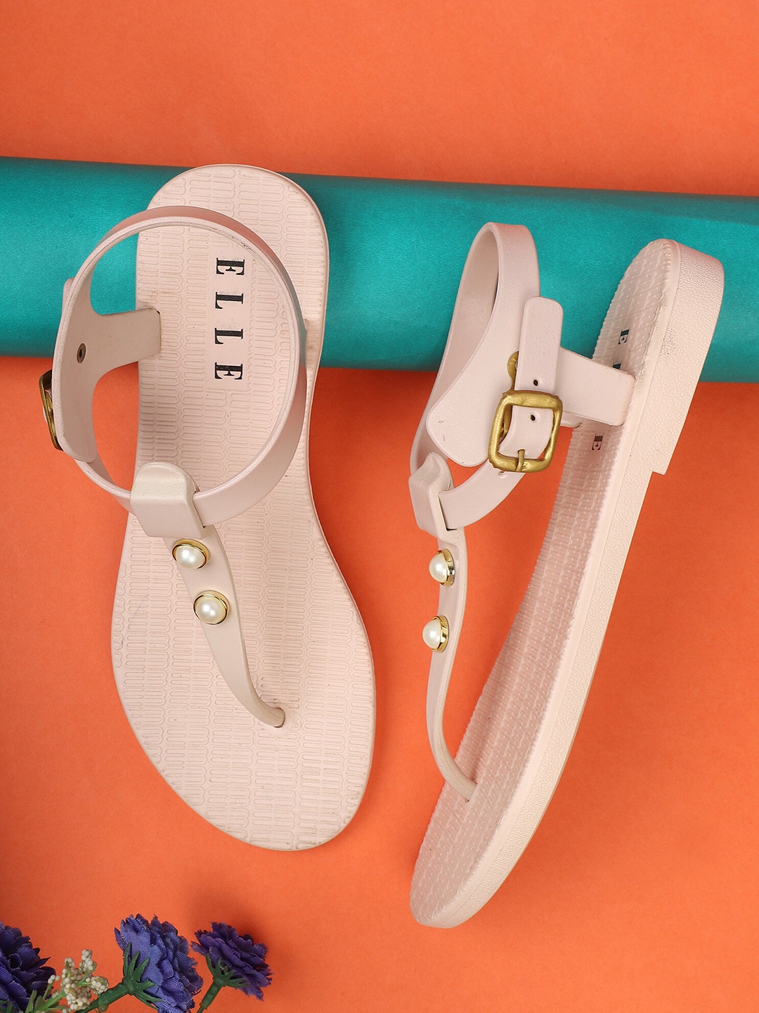 

ELLE Women Nude-Coloured Embellished Thong Flip-Flops