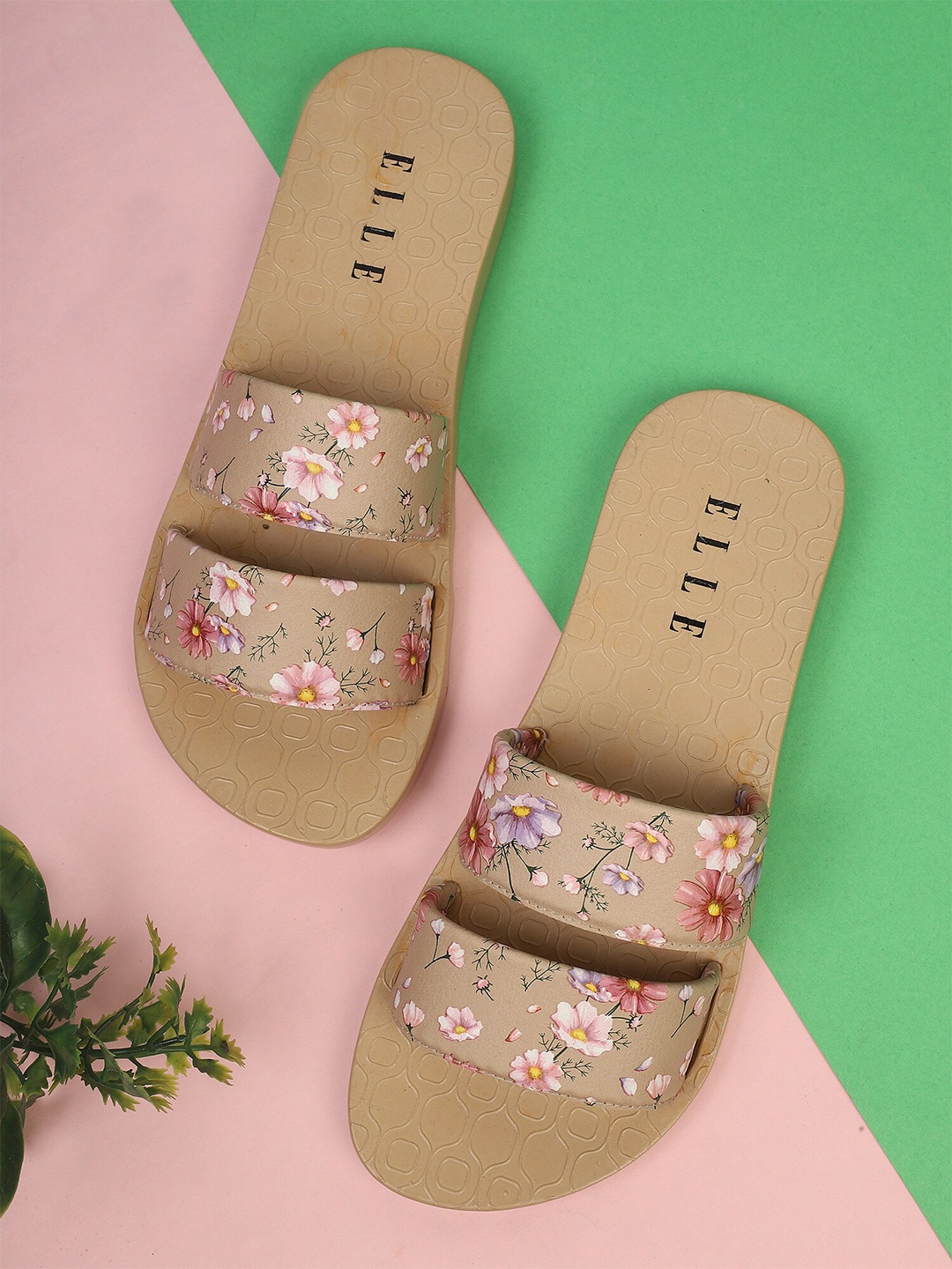 

ELLE Women Tan Brown & Pink Floral Printed Open Toe Flats