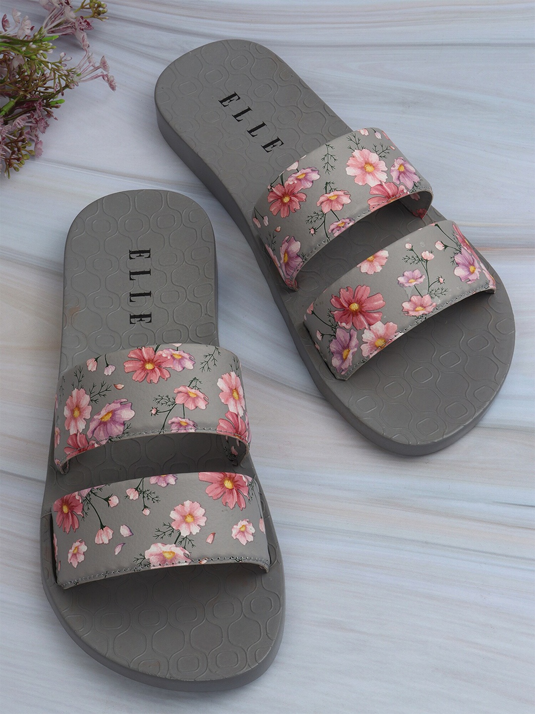 

ELLE Women Grey & Pink Printed Sliders