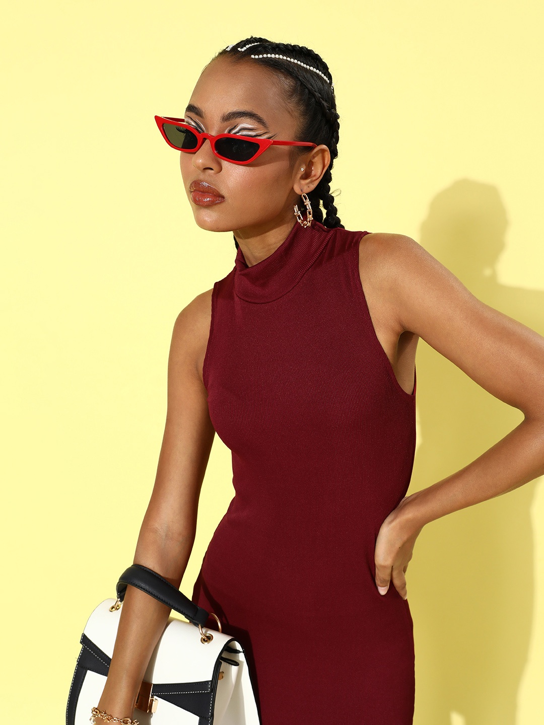 

HERSHEINBOX Women Charming Maroon Solid New Neckline Dress