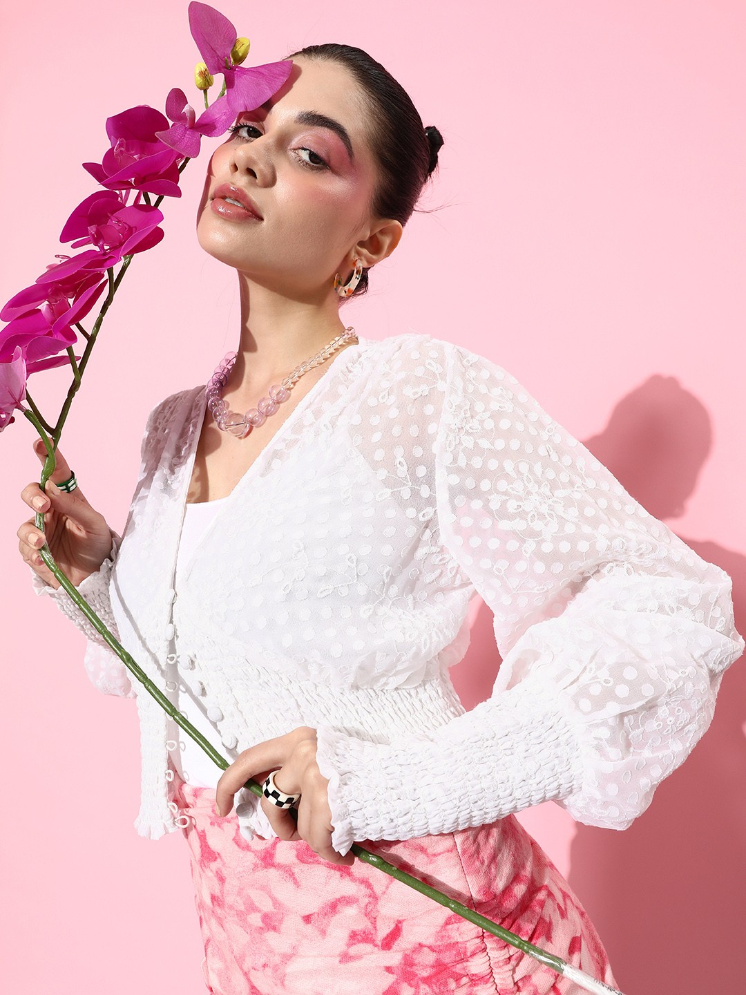 

HERSHEINBOX Embroidered Empire Crop Top With Smocked Detailing, White
