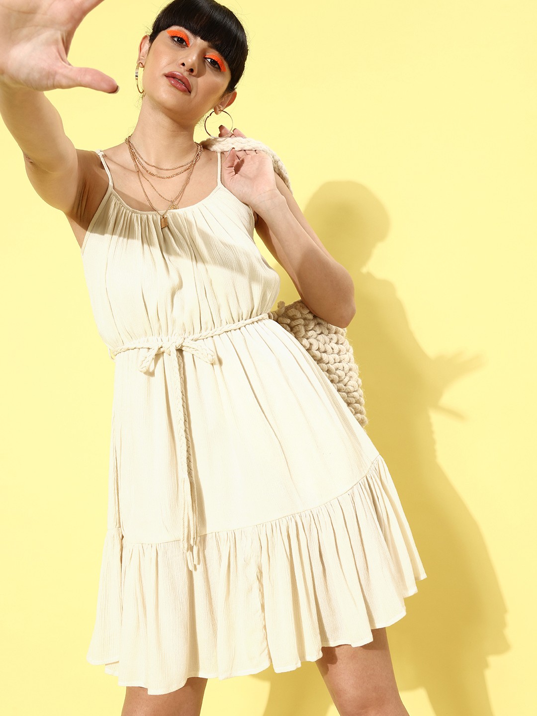 

HERSHEINBOX Women Off White Solid Fit & Flare Dress
