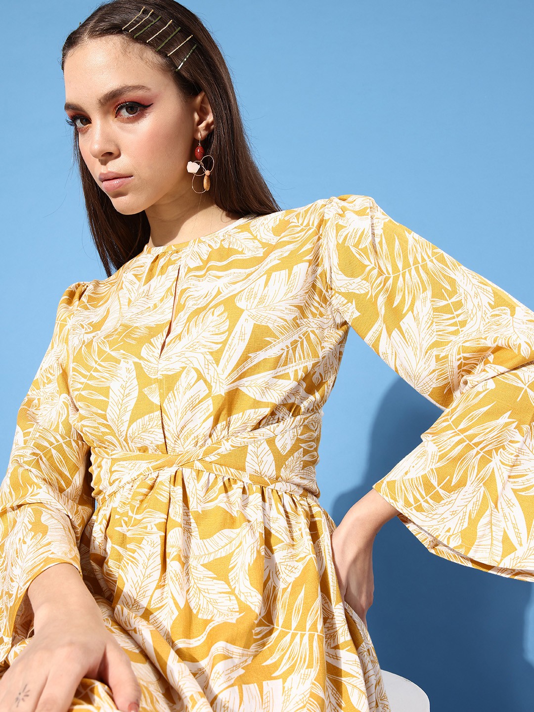 

HERSHEINBOX Women Mustard Tropical Once Upon a Sleeve Dress