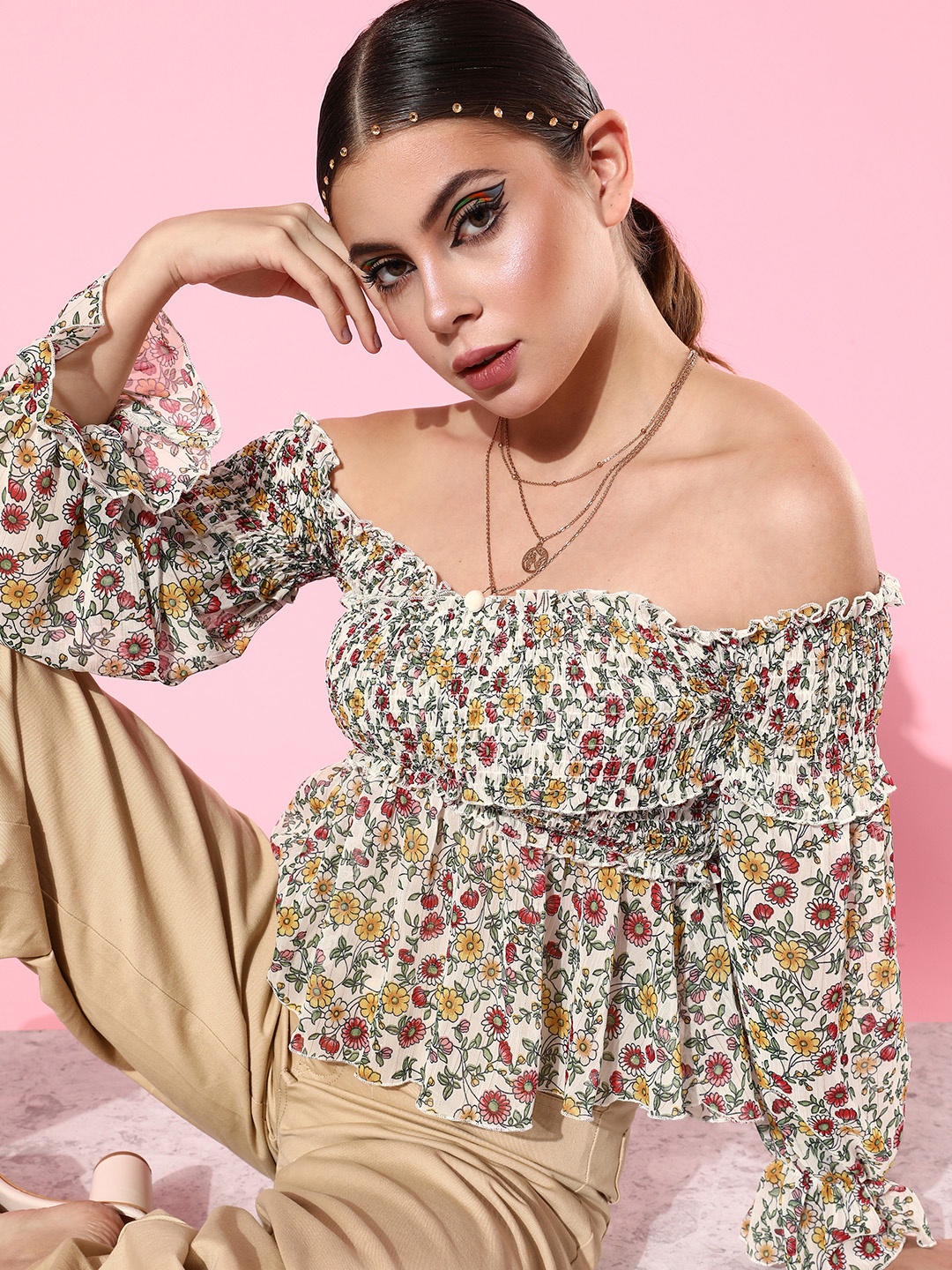 

HERSHEINBOX Multicoloured Floral Printed Smocked Bardot Top, Multi