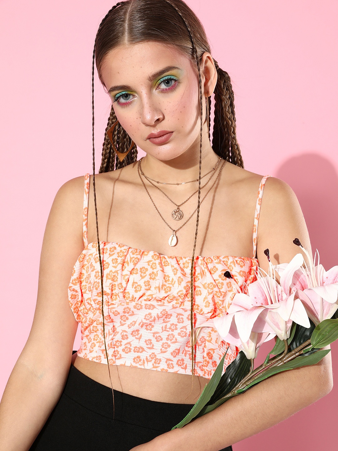 

HERSHEINBOX Pink & Peach-Coloured Floral Print Tank Crop Top