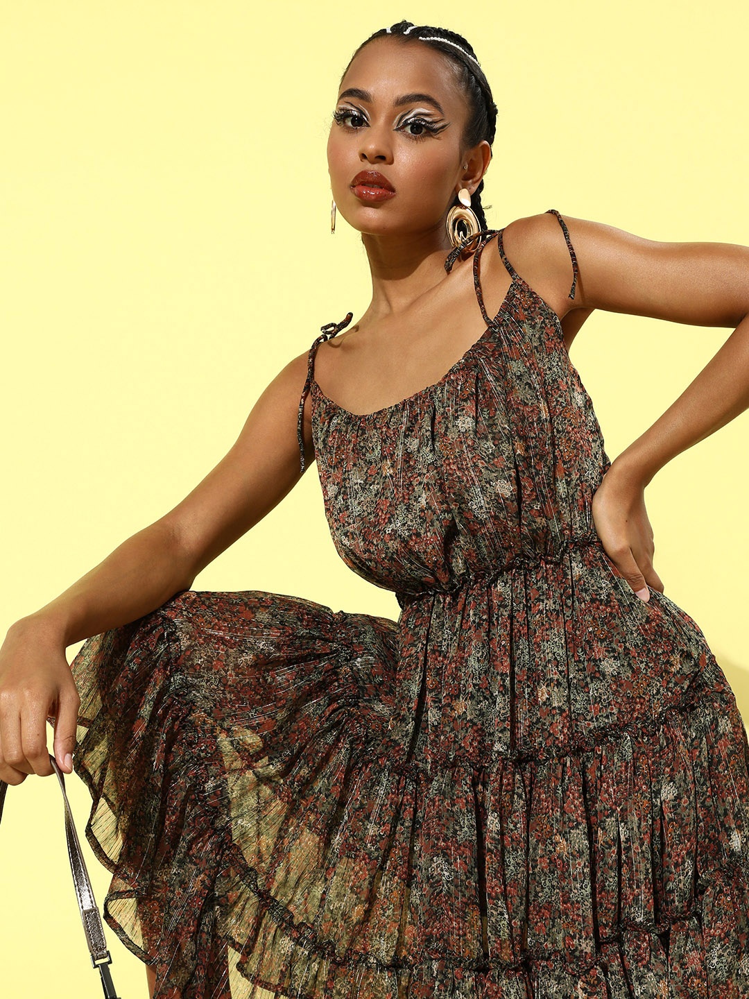 

HERSHEINBOX Green & Brown Silk Floral Print Chiffon A-Line Tiered Dress